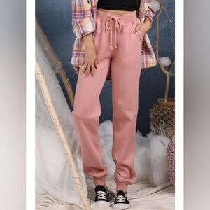 Pink Women's Joggers. Elastic Waist With Drawstring, Pockets, & Cuffed Ankles